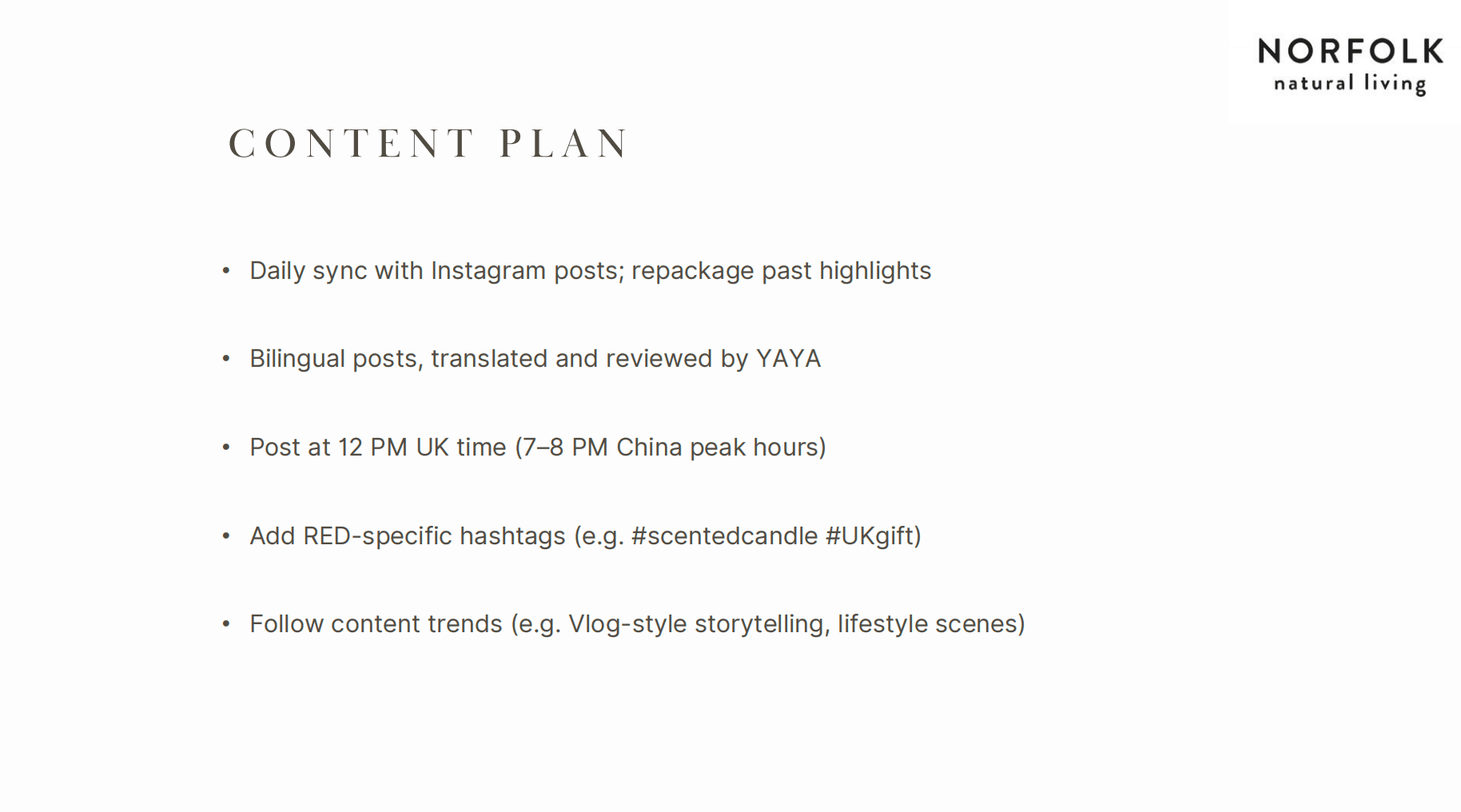 Slide listing a bilingual RED content plan, including posting schedule, hashtags and content style.