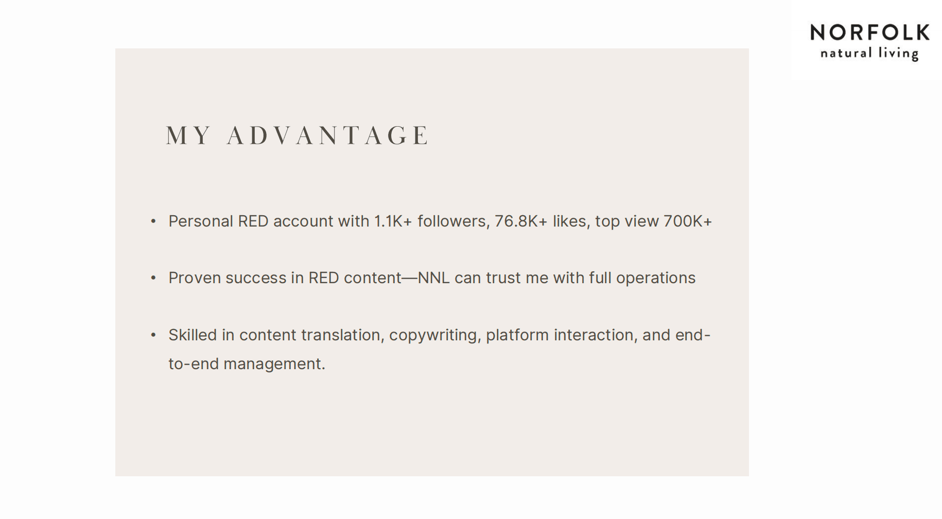 Slide outlining personal RED platform experience, bilingual skills and content-operations experience relevant to the proposal.