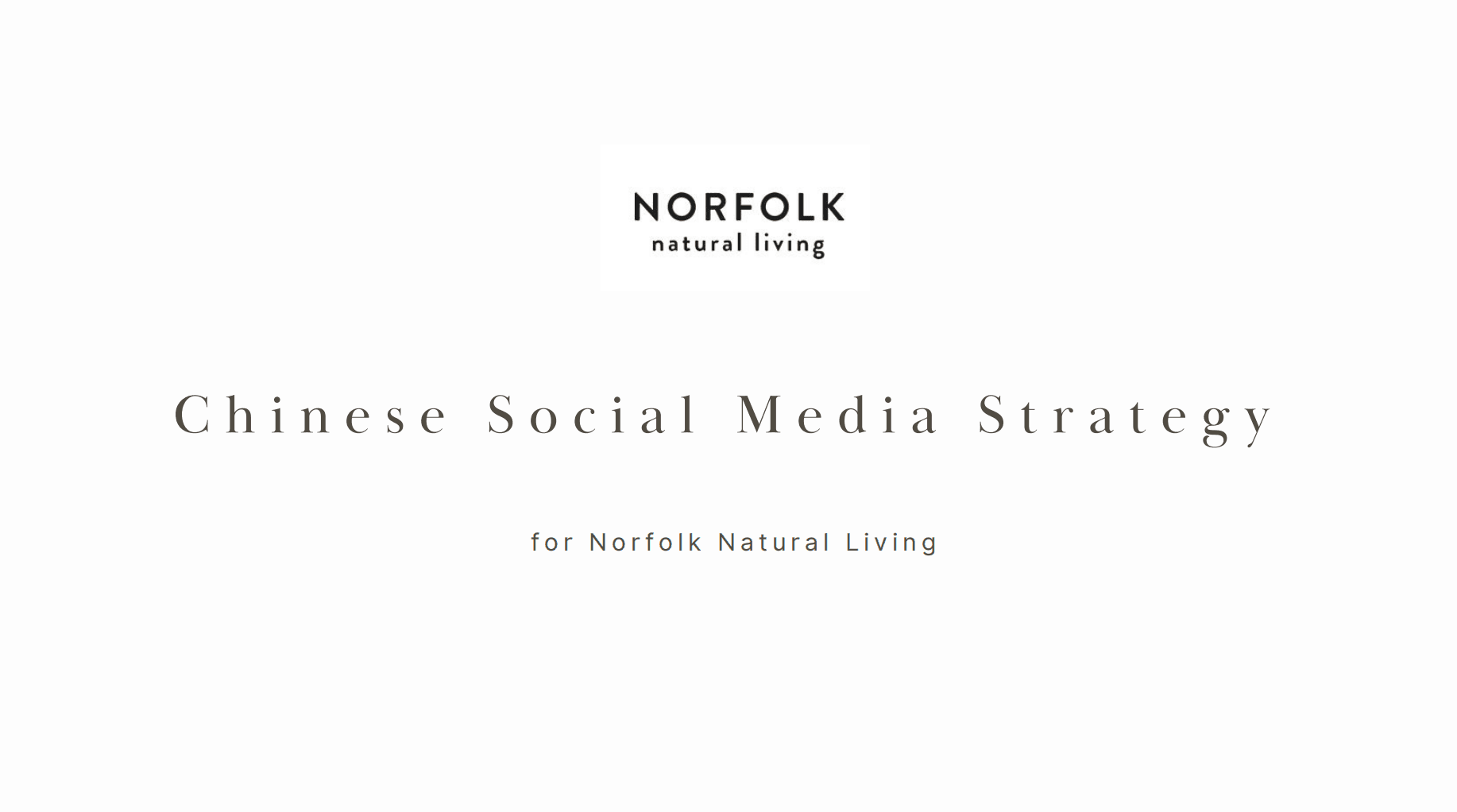 Title slide for a Chinese social media strategy proposal for Norfolk Natural Living, featuring the brand logo.