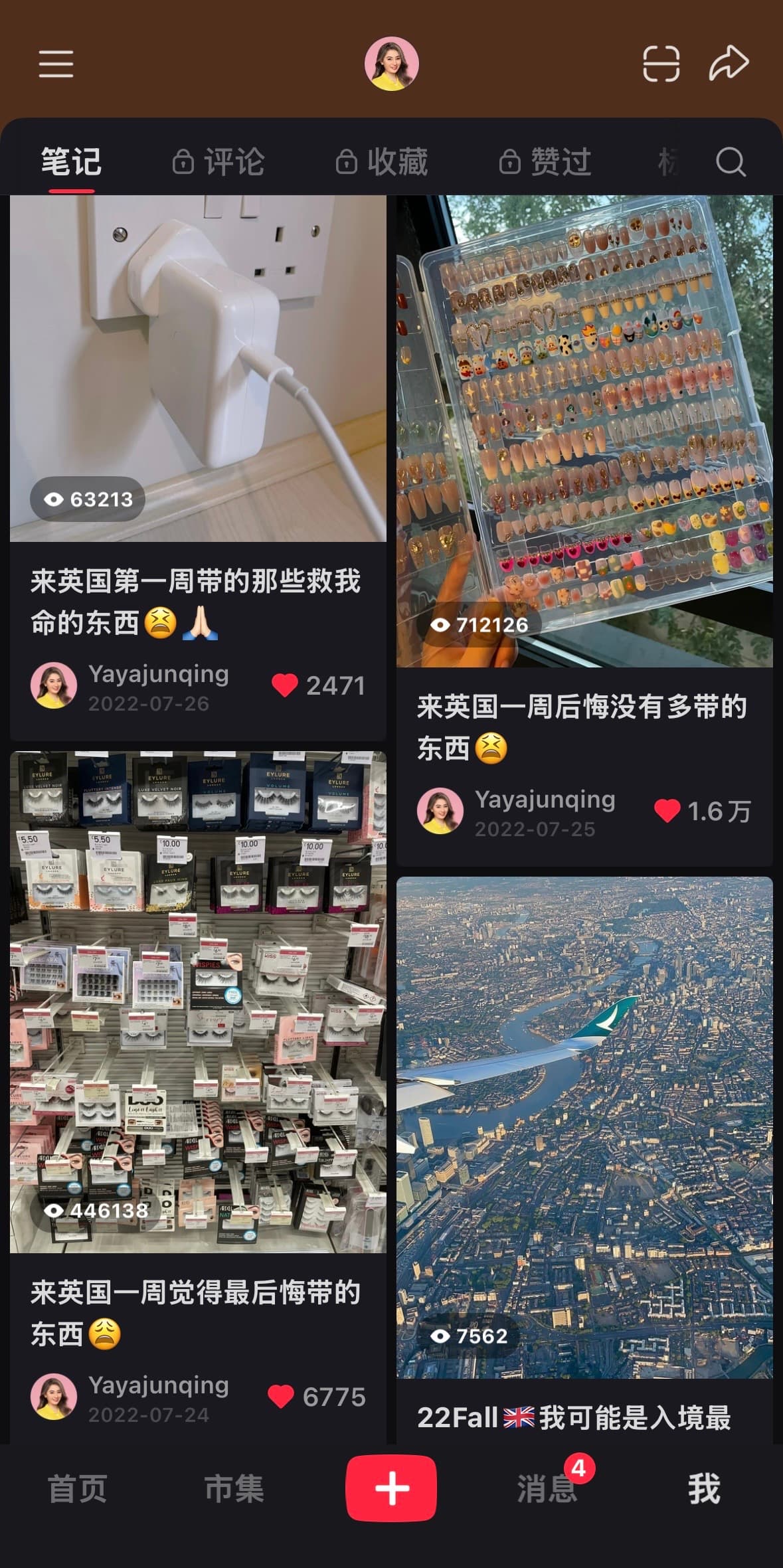 RedNote notes grid showing several posts about arriving in the UK, including one with over 700,000 views.