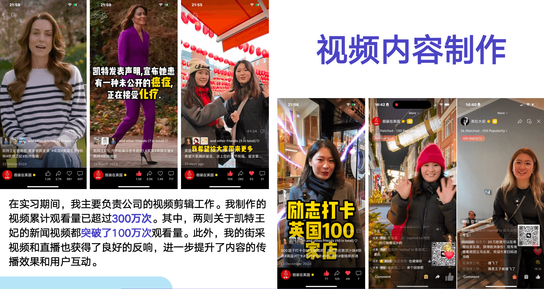 Screenshots of short-form video posts with view and engagement counts, alongside a summary of cumulative video performance.
